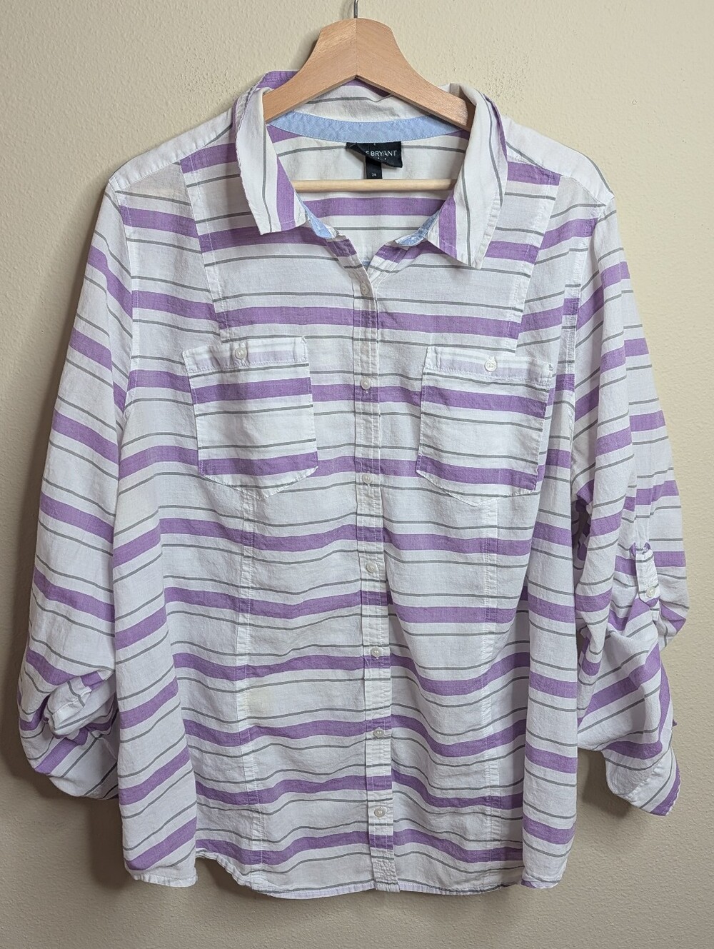 Lane Bryant Striped Button Down Shirt Plus Size 26 Purple White Cotton